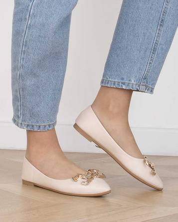 BEŻOWE BALERINKI PÓŁBUTY ZŁOTA OZDOBA EKOSKÓRA ZIMBA