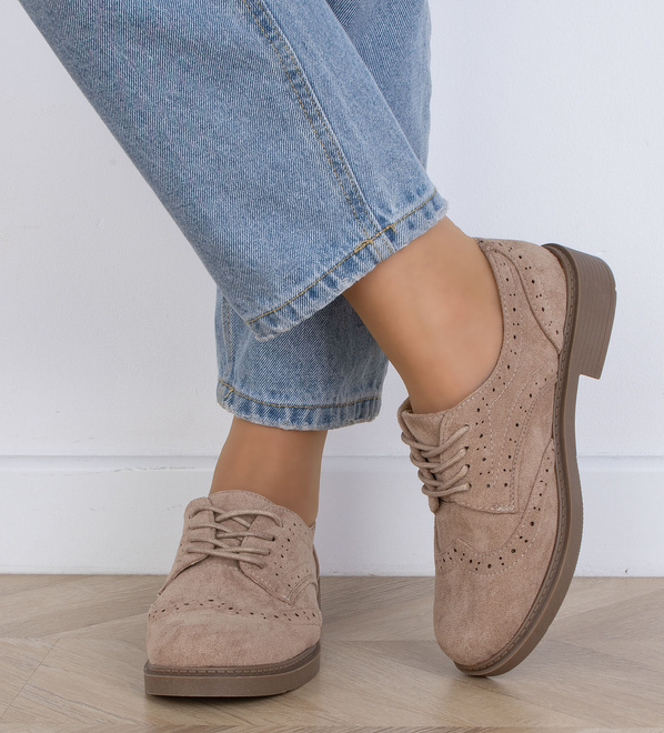 BEŻOWE PÓŁBUTY ZAMSZOWE DAMSKIE SZNUROWANE GREST 6
