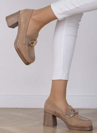 BEŻOWE DAMSKIE PÓŁBUTY NA SŁUPKU ZAMSZOWE SARI