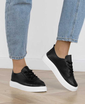 CZARNE SKÓRZANE TRAMPKI TENISÓWKI AŻUROWA CHOLEWKA HARLI