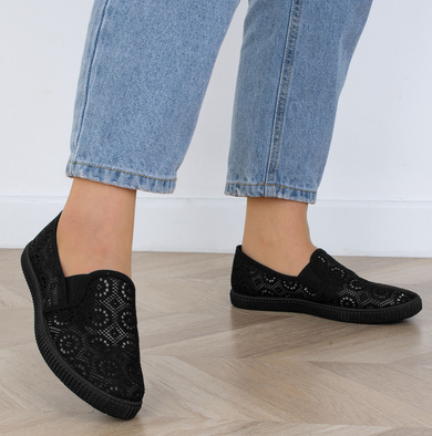 CZARNE DAMSKIE BALERINKI TENISÓWKI KORONKOWE ALMOR