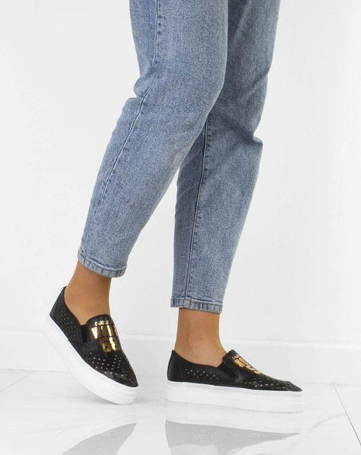 CZARNE TRAMPKI TENISÓWKI AŻUROWE SLIP ON  5