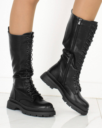 CZARNE BOTKI GLANY TRAPERY SKÓRZANE SZNUROWANE INA