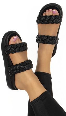 CZARNE PLECIONE SKÓRZANE KLAPKI NA PLATFORMIE MIRAY