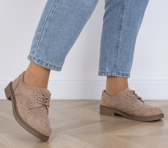 BEŻOWE PÓŁBUTY ZAMSZOWE DAMSKIE SZNUROWANE GREST 5
