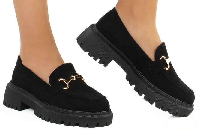 CZARNE MOKASYNY ZAMSZOWE PÓŁBUTY Z ŁAŃCUSZKIEM BANA 2