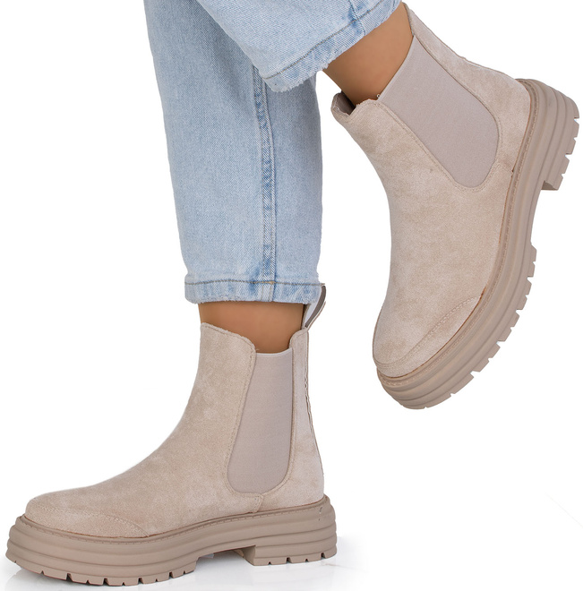 DAMSKIE BEŻOWE ZAMSZOWE BOTKI WSUWANE SZTYBLETY FALL 3