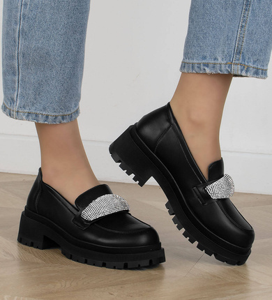 CZARNE MOKASYNY MATOWE WSUWANE ŁAŃCUCH SLIP ON LIA