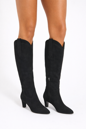 CZARNE DAMSKIE ZAMSZOWE KOZAKI NA OBCASIE ZAMEK