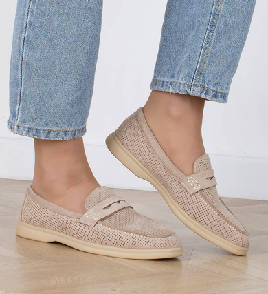 BEŻOWE AŻUROWE MOKASYNY ZAMSZOWE WSUWANE DAMSKIE LITTIE