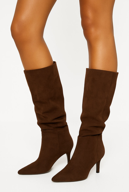 DAMSKIE BRĄZOWE WYSOKIE KOZAKI ZAMSZOWE NA NISKIM OBCASIE MILKY