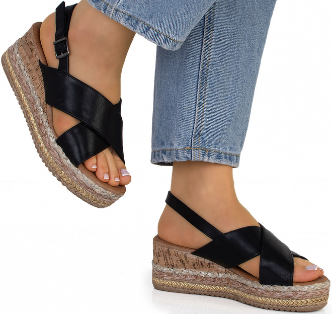 CZARNE SANDAŁY SKÓRZANE NA KOTURNIE ESPADRYLE CARYN 2