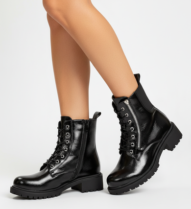 CZARNE  DAMSKIE BOTKI OCIEPLANE GLANY LAKIEROWANE ADORA