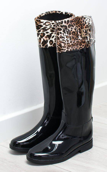 KALOSZE CZARNE WYSOKIE BŁYSZCZĄCE PANTERKA ZOUE 4