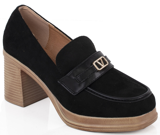 CZARNE DAMSKIE PÓŁBUTY NA OBCASIE ZAMSZOWE MOKASYNY RIALA 1