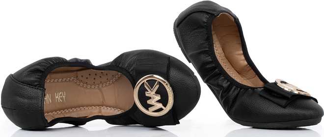 CZARNE BALERINKI PÓŁBUTY SKÓRZANE ZŁOTA OZDOBA RUBIS 4