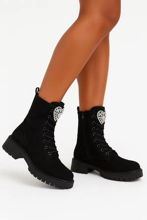 DAMSKIE CZARNE ZAMSZOWE BOTKI TRAPERY NA PLATFORMIE GRANDA