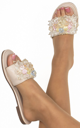 BEŻOWE SKÓRZANE KLAPKI Z KRYSZTAŁKAMI TAKEN