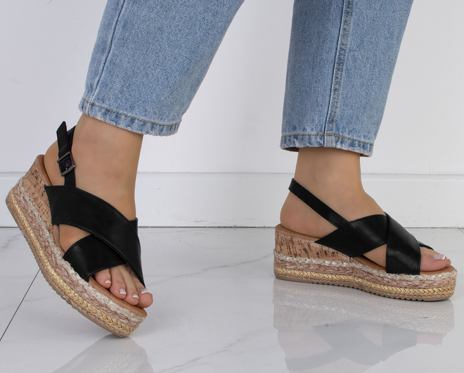 CZARNE SANDAŁY SKÓRZANE NA KOTURNIE ESPADRYLE CARYN 5