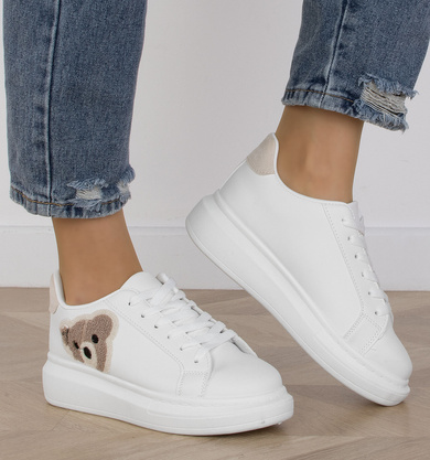 BIAŁE SNEAKERSY TRAMPKI KLASYCZNE NA PLATFORMIE Z MISIEM MOMO