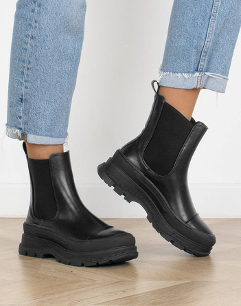 CZARNE SKÓRZANE BOTKI SZTYBLETY PLATFORMA DIPEL