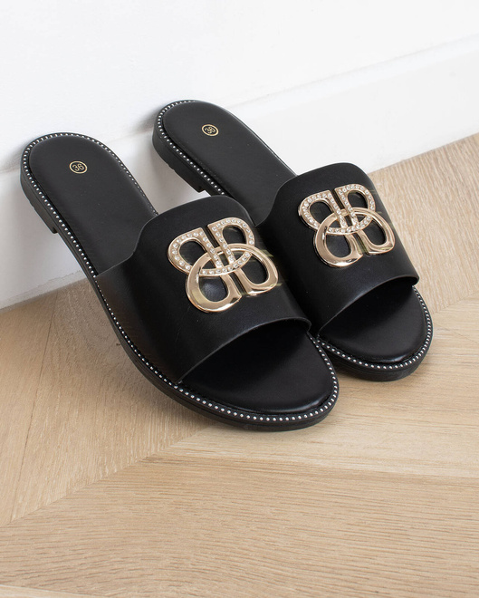 CZARNE DAMSKIE SKÓRZANE KLAPKI ELEGANCKIE OZDOBA PRIMA 7