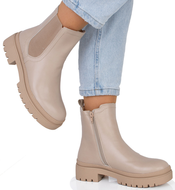 BEŻOWE SKÓRZANE BOTKI SZTYBLETY NA PLATFORMIE GUMMI 2