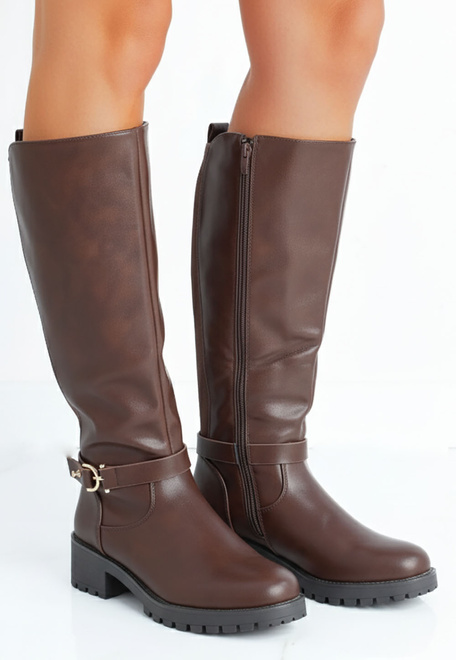 BRĄZOWE DAMSKIE KOZAKI ZAMEK SKÓRZANE NA SŁUPKU LERISAS