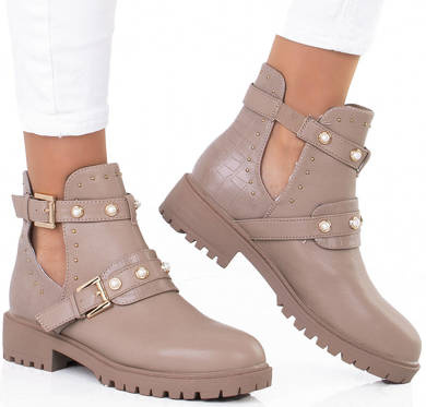 BEŻOWE  SKÓRZANE BOTKI Z WYCIĘCIAMI