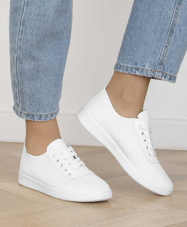 BIAŁE SKÓRZANE AŻUROWE TRAMPKI TENISÓWKI