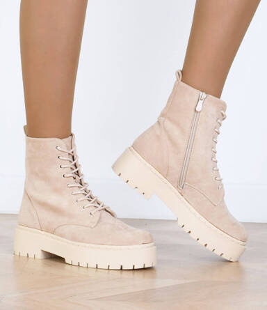 BEŻOWE BOTKI ZAMSZOWE SZNUROWANE ADELINA