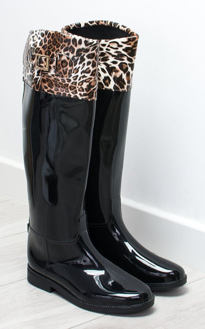 KALOSZE CZARNE WYSOKIE BŁYSZCZĄCE PANTERKA ZOUE 2