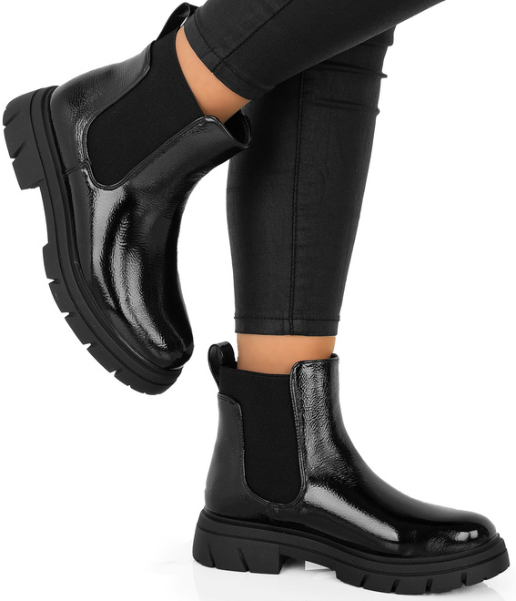 CZARNE DAMSKIE BOTKI LAKIEROWANE PLATFORMA WSUWANE SZTYBLETY CUSHY 2