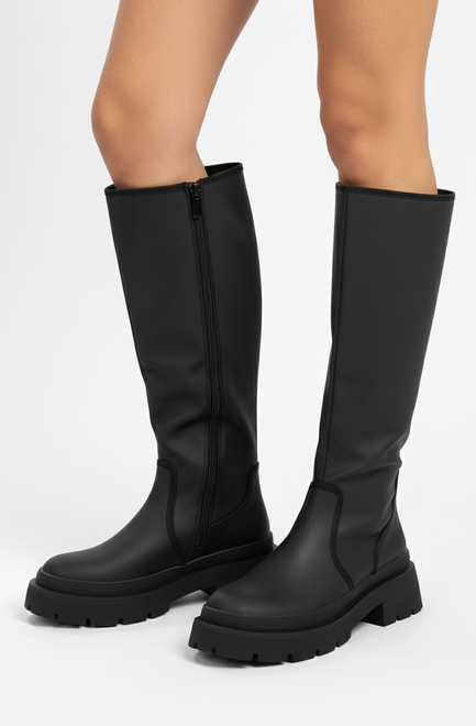 DAMSKIE CZARNE SKÓRZANE KOZAKI NA ZAMEK NA PLATFORMIE