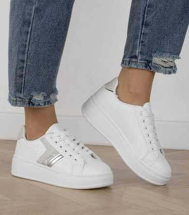 BIAŁE DAMSKIE SNEAKERSY SKÓRZANE NA PLATFORMIE VEDA