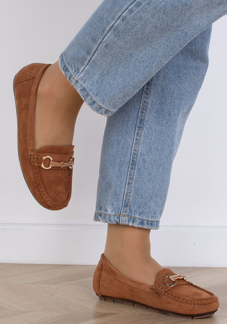 BRĄZOWE MOKASYNY ZAMSZOWE DAMSKIE WSUWANE ROTER