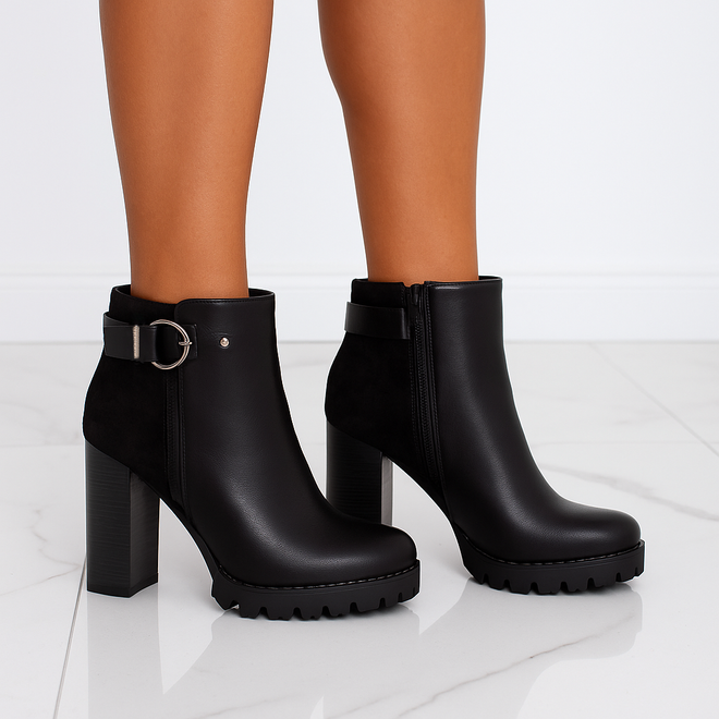  SKÓRZANE CZARNE BOTKI NA OBCASIE SŁUPKU  OCIEPLANE NESTIA 2