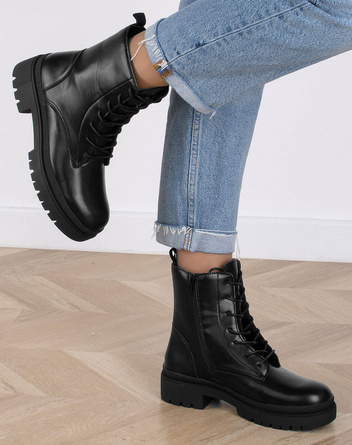 CZARNE BOTKI GLANY TRAPERY SZNUROWANE SKÓRZANE NOA