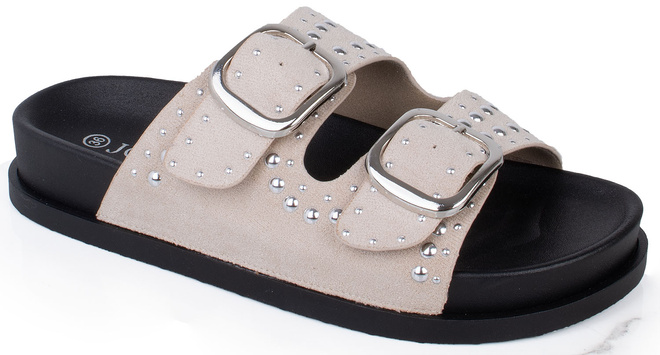 BEŻOWE KLAPKI KLAMRA ZAMSZOWE GRUBA PODESZWA IMELDA 1