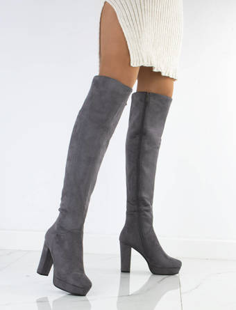 SZARE KOZAKI ZAMSZOWE ZA KOLANO NA SŁUPKU AMBER