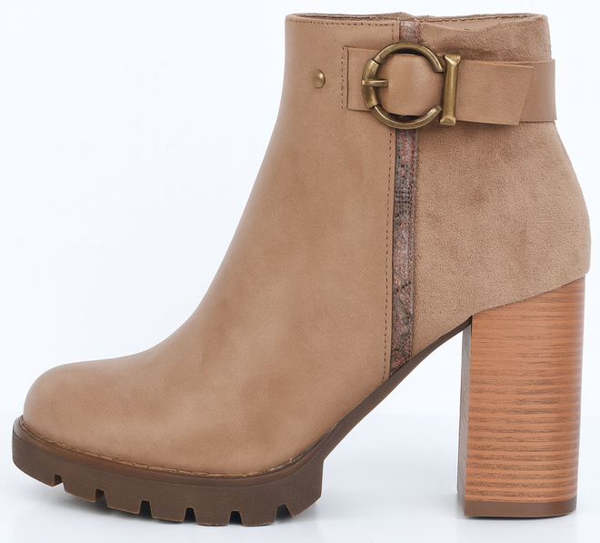  SKÓRZANE BEŻOWE BOTKI NA OBCASIE SŁUPKU  OCIEPLANE NESTIA 3