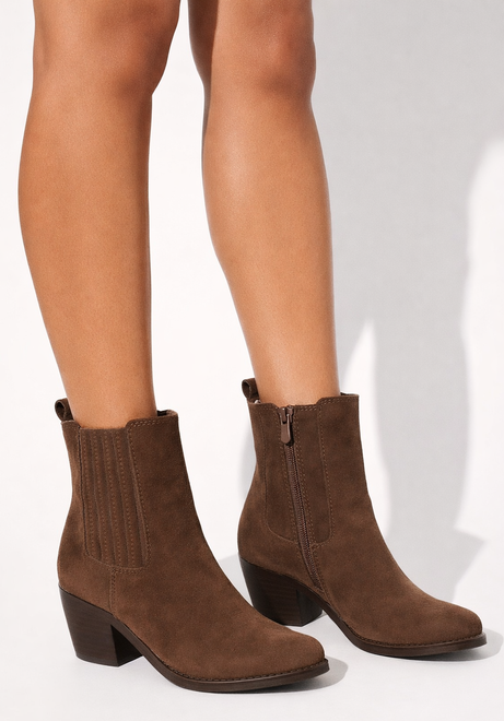 DAMSKIE BRĄZOWE ZAMSZOWE BOTKI KOZAKI NA SŁUPKU ZAMEK