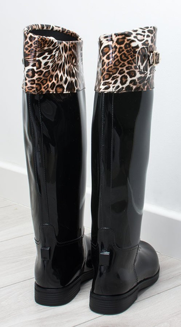 KALOSZE CZARNE WYSOKIE BŁYSZCZĄCE PANTERKA ZOUE