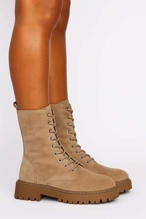 BEŻOWE ZAMSZOWE BOTKI TRAPERY SZNUROWANE ZAMEK MIRVA