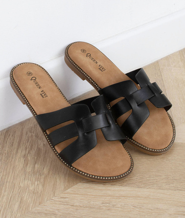 CZARNE KLAPKI WSUWANE DAMSKIE SKÓRZANE PASKI DANIELA