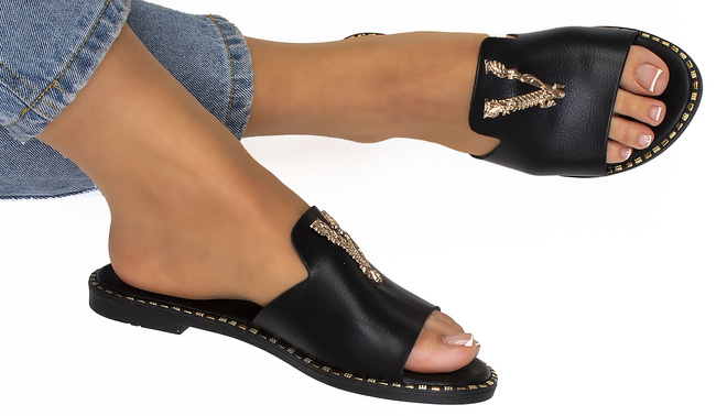 CZARNE DAMSKIE SKÓRZANE KLAPKI ELEGANCKIE OZDOBA FRANKLIN 4