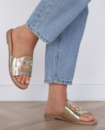 ZŁOTE DAMSKIE SKÓRZANE KLAPKI ELEGANCKIE OZDOBA AMALFI