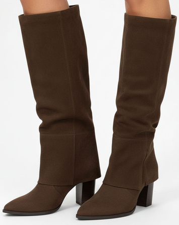 DAMSKIE BRĄZOWE WYSOKIE KOZAKI ZAMSZOWE NA SŁUPKU ROSELINE