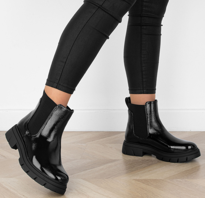 CZARNE DAMSKIE BOTKI LAKIEROWANE PLATFORMA WSUWANE SZTYBLETY CUSHY 5