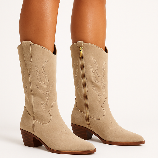 BEŻOWE ZAMSZOWE WYSOKIE KOWBOJKI BOTKI OBCAS CARESSA 5